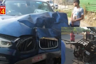 Noida Speeding BMW car hits e-rickshaw