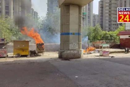 A roadside cart caught fire after an explosion, causing panic among passersby