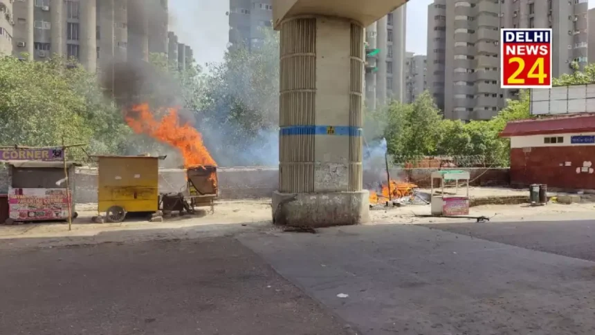 A roadside cart caught fire after an explosion, causing panic among passersby